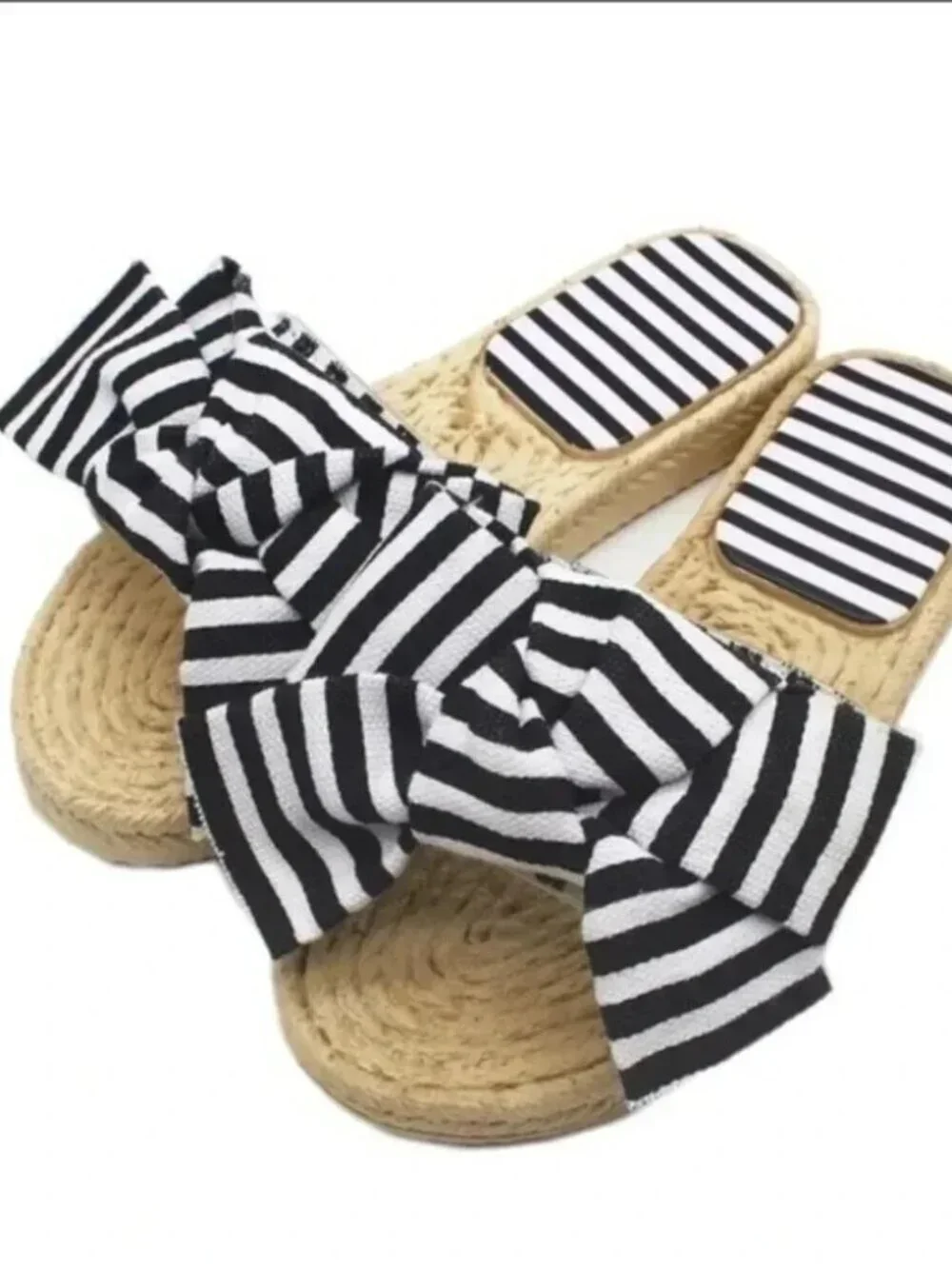 Black & White Striped Bow Knot Slide Sandals Woven Footbed Size 6–7 NWT